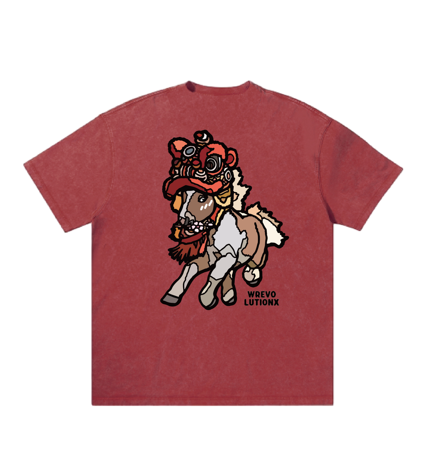 WREVOLUTIONX Rose Red Textured Denim-Washed T-Shirt (Dragon & Lion Dance Pony)
