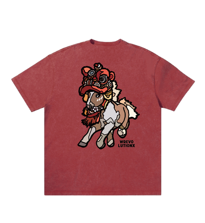WREVOLUTIONX Rose Red Textured Denim-Washed T-Shirt (Dragon & Lion Dance Pony)