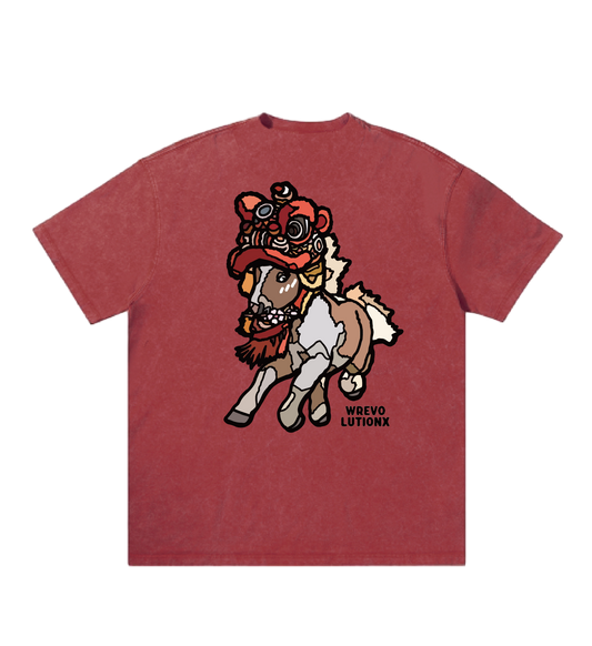 WREVOLUTIONX Rose Red Textured Denim-Washed T-Shirt (Dragon & Lion Dance Pony)