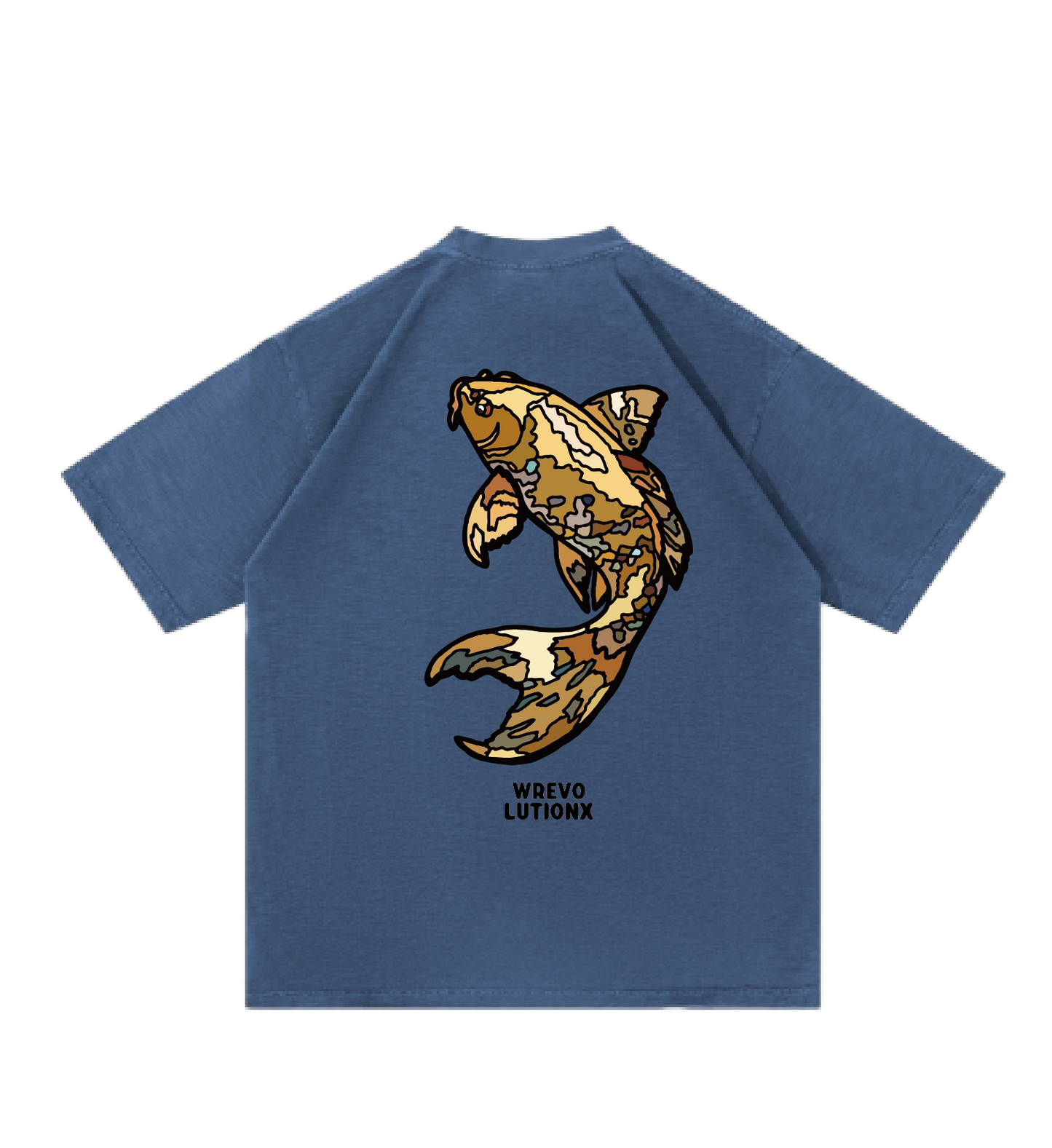 WREVOLUTIONX Pure Blue Textured Denim-Washed Heavy‑Weight T-Shirt (Golden Koi)