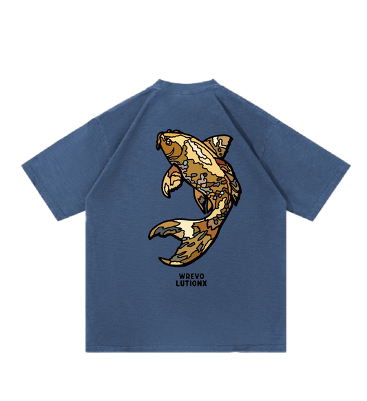 WREVOLUTIONX Pure Blue Textured Denim-Washed Heavy‑Weight T-Shirt (Golden Koi)