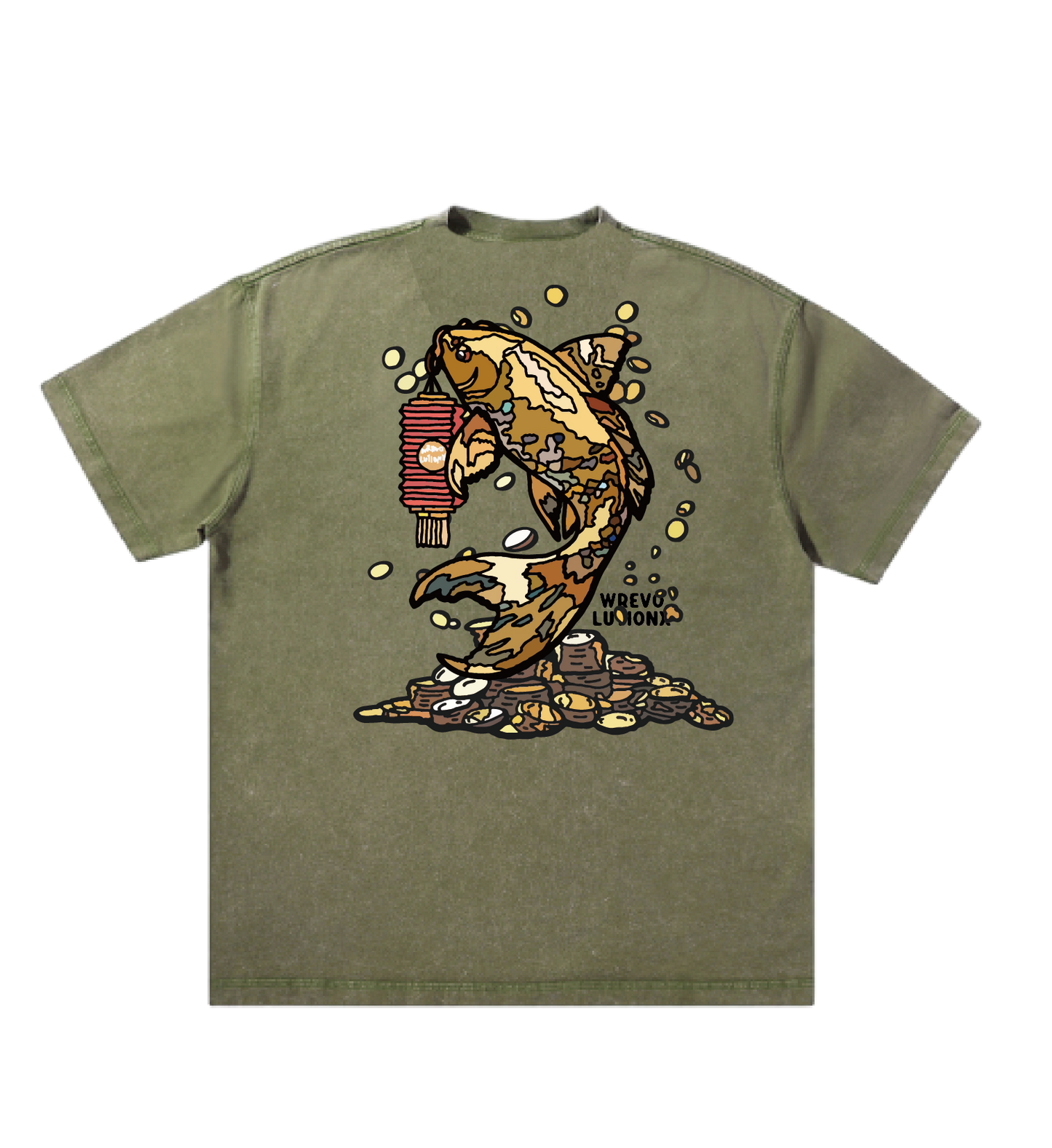 WREVOLUTIONX Matcha Green Textured Denim-Washed T-Shirt (Prosperity Koi)