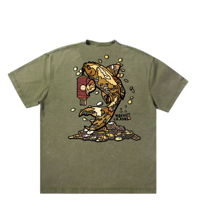 WREVOLUTIONX Matcha Green Textured Denim-Washed T-Shirt (Prosperity Koi)