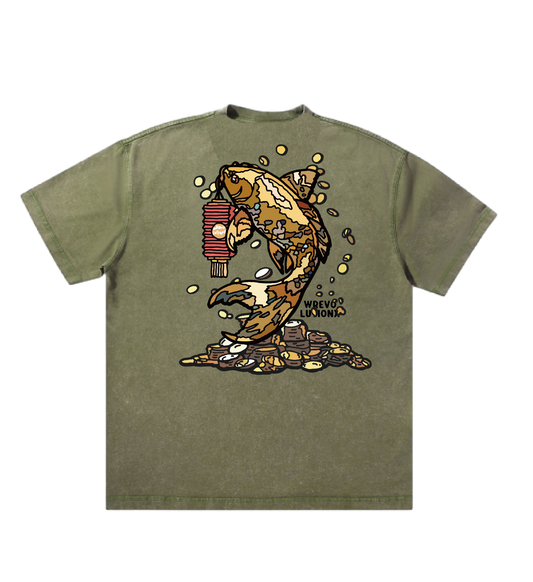 WREVOLUTIONX Matcha Green Textured Denim-Washed T-Shirt (Prosperity Koi)