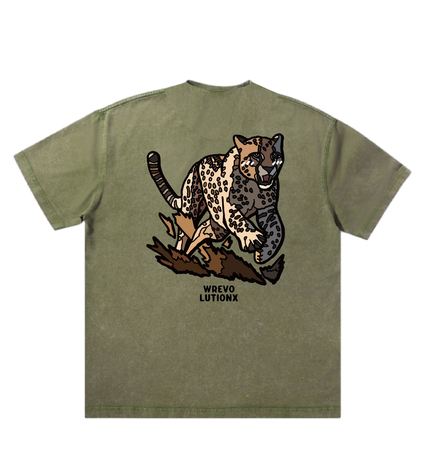 WREVOLUTIONX African Animals Matcha Green Textured Denim-Washed T-Shirt(Cheetah Hunter)