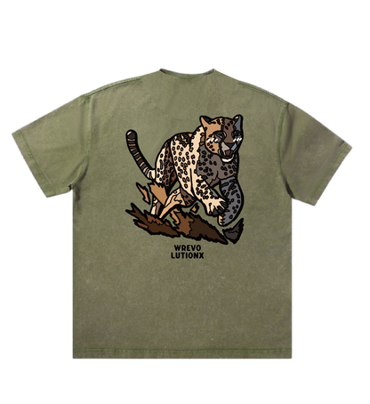 WREVOLUTIONX African Animals Matcha Green Textured Denim-Washed T-Shirt(Cheetah Hunter)