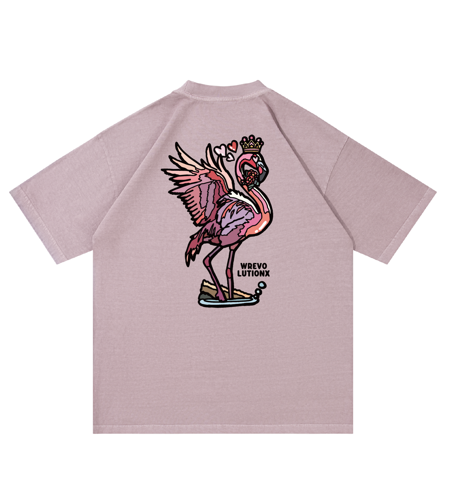 WREVOLUTIONX African Animals Grey Pink Denim-Washed Heavy-Weight T-Shirt(Flamingo in Love)