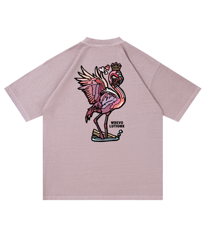 WREVOLUTIONX African Animals Grey Pink Denim-Washed Heavy-Weight T-Shirt(Flamingo in Love)