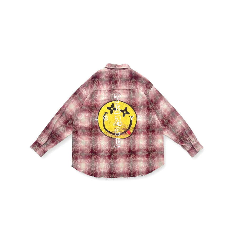 "LOVE PEACE SMILEY" PRINTED FLANNEL SHIRT