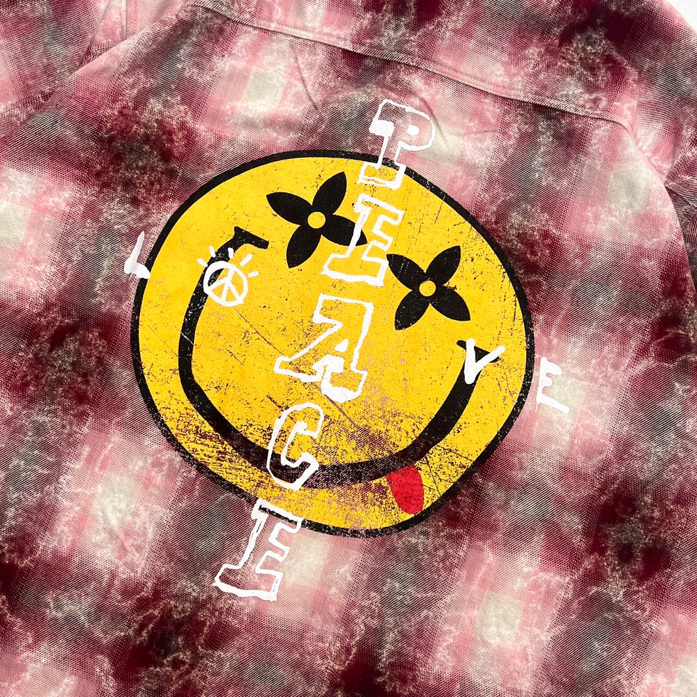 "LOVE PEACE SMILEY" PRINTED FLANNEL SHIRT