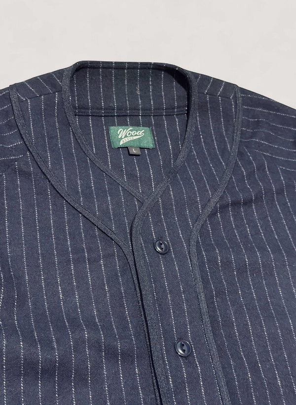 WOODBLOCK WOOL STRIPE BASEBALL SHIRT - NAVY
