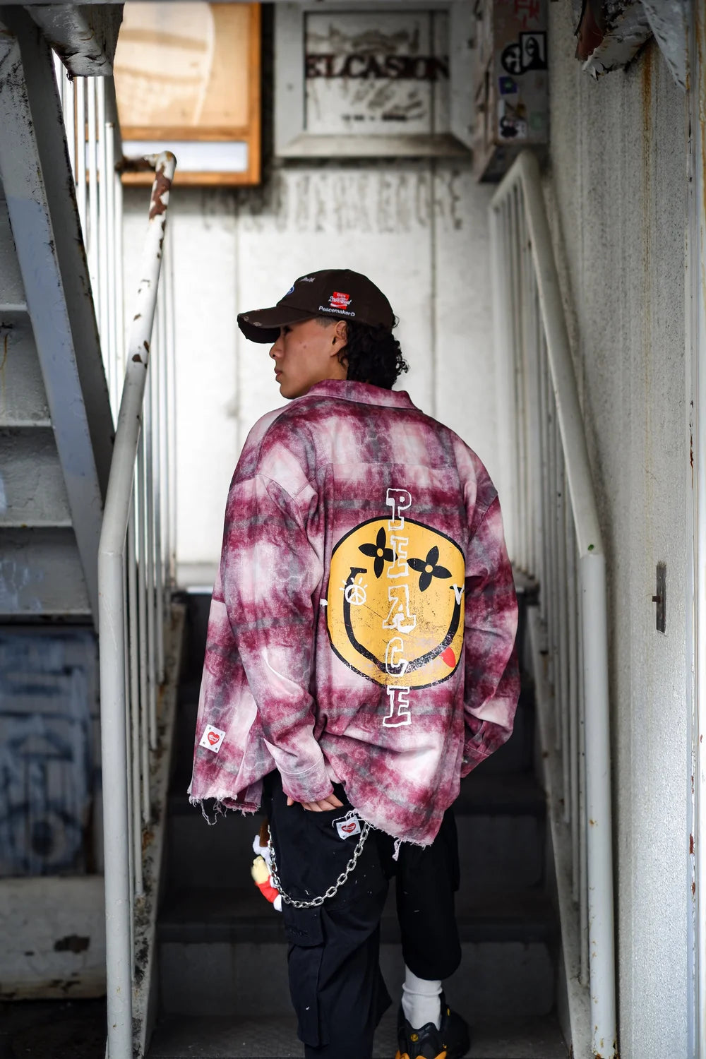 "LOVE PEACE SMILEY" PRINTED FLANNEL SHIRT