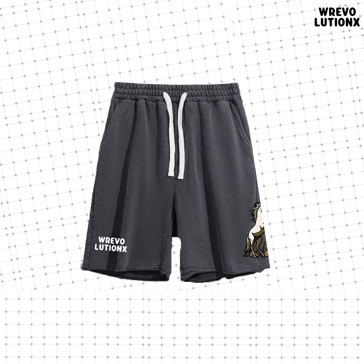 WREVOLUTIONX Classic Animals - Black Washed Knee-Length Shorts - (Rearing Stallion)