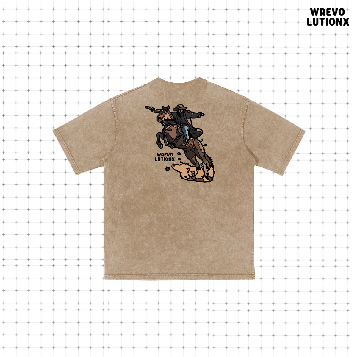 WREVOLUTIONX Classic Animals - Khaki Denim Washed T-Shirt（Western Cowboy)