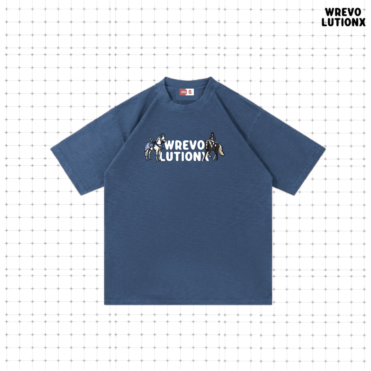 WREVOLUTIONX Classic Animals - Pure Blue Textured Denim-Washed Heavy‑Weight T-Shirt (Equestrian Duo)