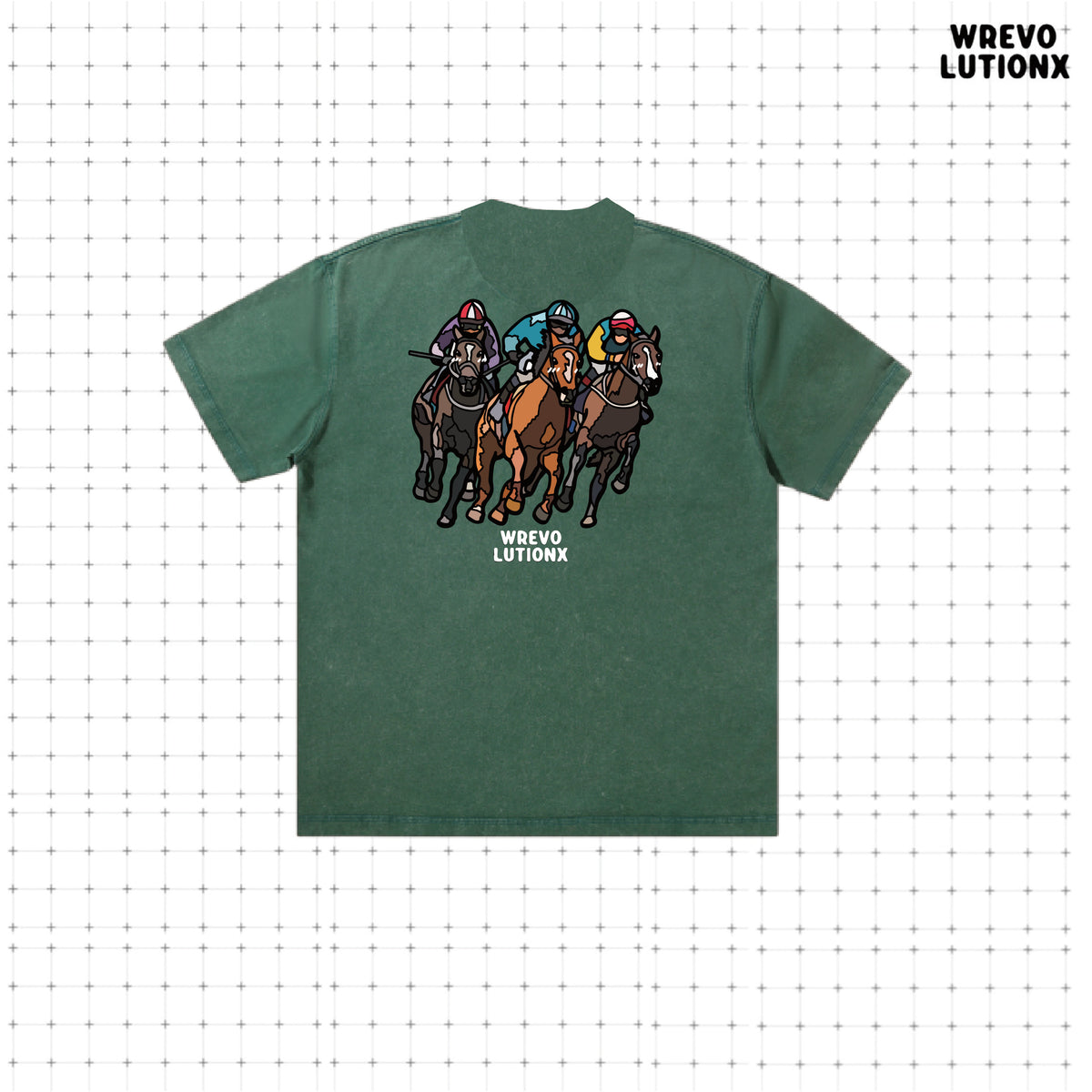 WREVOLUTIONX Classic Animals - Green Textured Denim-Washed T-Shirt  (Horse Racing)