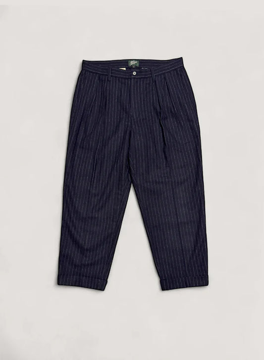 WOODBLOCK 2TUCK STRIPE WOOL TROUSER - NAVY
