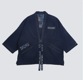 Japanese Linen Cotton Boro Kimono Coat｜Navy